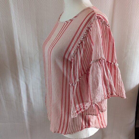 H&M Red White Stripe Ruffle Flutter Sleeve Blouse Boho Size 6 - Picture 2 of 11